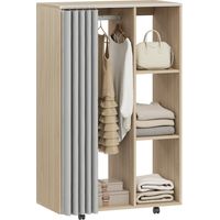 Clothes wardrobe mobile with 4 wheels, clothes hanger rod and 8 shelves, 80x40x128cm, natural wood effect