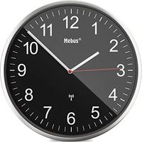 Mebus Funkwanduhr, Wanduhr groß, Funkuhr Modern, Aluminium-Rahmen mit gut ablesbaren Ziffern, Bahnhofsuhr, Wohnzimmer, Büro, Farbe: Silber/Schwarz, Durchmesser 30 cm, Modell: 19578