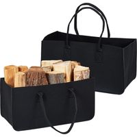 Log Basket, Set of 2, Felt Storage Bag, Firewood, 28 Litre, with Handles, Black