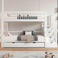 Lit superposé enfant 90x200/190cm blanc, lit gigogne roulant, escalier de rangement avec main courante, barrières anti-chute sur tous les côtés, pin + MDF
