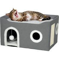 Casa para Gatos Plegable con Rascador 3 Entradas Bola Colgante Cojín Reversible en Felpa y Tipo Lino 60x40X34 cm Gris