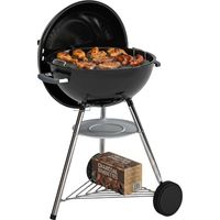 Barbecue portable au charbon, grille ronde d'extérieur avec couvercle, thermomètre, roulettes, noir.