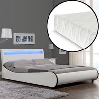 Letto Matrimoniale con Materasso 180x200 cm Testiera Alta con Illuminazione a LED Similpelle Bianco Corium