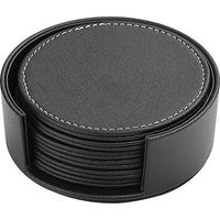 black 6 Pieces Round Leather Coasters, Pu Leather Coasters For Parties Coffee Bar Pub Cup Mat Coasters Coasters With Holder Black-round