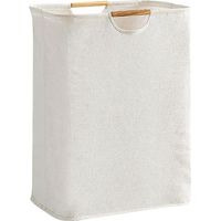 Grand panier à linge pliable, imperméable, avec poignées en bois, adapté aux salles de bains familiales.