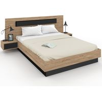 Idmarket – Lit double SANTA 160 x 200 cm – Tête de lit et chevets intégrés – Sommier 24 lattes – Bois et noir