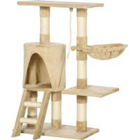 Rascador para gatos 55x30x95 cm con nido, plataforma, caseta, escalera, cuerda de juego, tablero de madera, felpa marrón