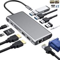 (12 en 1-Gris)HUB USB C, Adaptateur 12 en 1 avec Dual 4K-HDMI, VGA, USB 3.0, USB 2.0, Port PD, Ethernet RJ45, Lecture Carte SD/TF, AUX 3,5mm