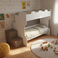 Letto a castello salvaspazio con scala a cassettoni e camminatoio - Bianco e Fumo