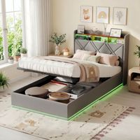 Polsterbett mit Bettkasten 90x200 cm, Einzelbett mit hochklappbarem Lattenrost, Kopfteil mit Stauraum, LED und USB/USB-C-Anschlüssen, Leinen, Einzelbett 90x200 - Grau