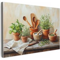 TABLEAU SUR TOILE Pots - Herbes - Bois Toile Peinture Grand Format XXL 150x100 cm