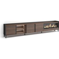 Skraut Home - TV-Schrank, Lowboard, für Wohnzimmer und Esszimmer, 315x35x61cm, Für TV-Geräte bis zu 80", Elektrokamin XXL, Industriedesign, LED, Moderner Stil, Dunkler Eiche und Schwarz