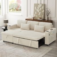 3 in 1 Convertible Corduroy Sofa Bed with Storage Chaise, L Shaped Sleeper Sofa Couches with Armrest Storage and Charging Station. Pullout Sectional Daybed for Living Room/Bedroom/Office, Beige