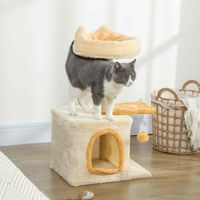 Arbre à chat avec perchoir et niche. En bois, peluche et sisal. 40 x 30 x 72 cm. Beige et jaune.