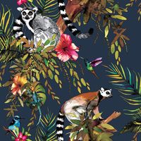 Lemur Wallpaper Navy Blue Tropical Jungle Birds Metallic Floral Trees Animals