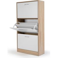 Idmarket – Meuble à chaussures 18 paires – Imitation hêtre – 3 portes blanches – Dimensions 60x24x113 cm – Rangement optimisé pour couloir