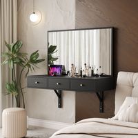 Hängender Schminktisch mit Spiegel, 3 Schubladen, Steckdosen, Tablet-Halter und Getränkehalter, Schwarz, 100 x 105 x 45 cm