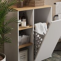 armadietto da bagno con portabiancheria Viktor, Bianco/Artisan, 68 x 88.2 cm con ripiani aperti e cesto portabiancheria, Vicco