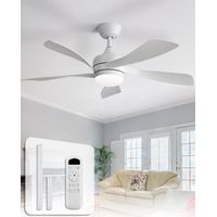Ventilatore da soffitto moderno Sofucor 114 cm, per interni/esterni, con luce e telecomando, pale in ABS, bianco