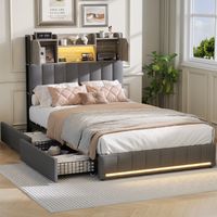 lit 90x200 avec tiroirs, lit 90x200 avec sommier, rangement de tête de lit, LED réglable, Chargement USB, Gris, lin