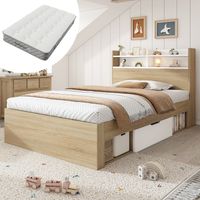 Letto singolo in legno 90x200 bianco/rovere, letto bicolore con testiera a mensola, 2 cassetti e vani a giorno, parzialmente in legno massello, pratico letto contenitore per stanze piccole, con matera