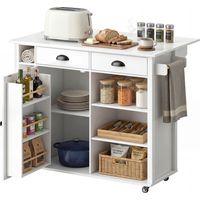 Isla de Cocina con Ruedas Tapa Abatible Especiero Toallero Armario 2 Cajones 117,5x70x91 cm Blanco