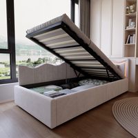 Lit coffre 90 x 200 avec sommier,lit hydraulique avec rangement et LED,lit tapissé avec sommier à lattes en bois,lit de repos 90 x 200 pour adulte et adolescent,lit simple en velours beige