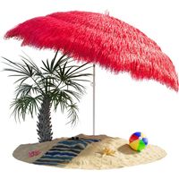 KINGSLEEVE® Hawaii Parasol 1.8m Height 1.6m Diameter UV30+ Protection Tiltable Height-Adjustable Ground Spike Large Round Straw Raffia Tiki Umbrella Garden Camping Beach Red