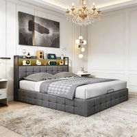Letto contenitore 140x190 cm grigio con LED RGB e USB-C, letto matrimoniale imbottito, rete a doghe, spazio contenitore