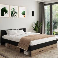 Cama doble MINEA con cajones + nichos de almacenaje y somier de haya efecto madera de 140x190cm