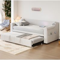 Cama sofá moderna tapizada beige 90/180x190 cm con cabecero, audio Bluetooth, USB, estantes integrados y somier de láminas