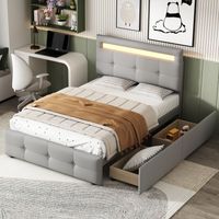 Lit rembourré gris 90x200 cm avec LED, 2 tiroirs de rangement et sommier à lattes inclus