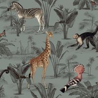Vintage Zoo Wallpaper Nina Home Animal Print Monkey Butterfly Blue Grey