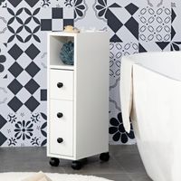 Badezimmerschrank mit Rollen, Badezimmeraufbewahrung mit offenem Regal, Tür und Schublade, 18 x 30 x 68,5 cm, Weiß