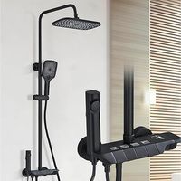 Système de douche à hauteur réglable, commande par bouton-poussoir, système de douche noir avec pommeau de douche et douchette, quatre fonctions