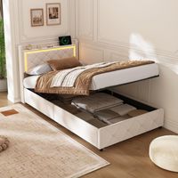 Stauraumbett 90x200 cm mit LED und USB-/Type-C-Ladefunktion - Modernes Einzelbett mit hydraulischem Bettkasten - Samt - Beige