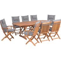 Conjunto de comedor de jardín de madera de acacia clara con cojines grises mesa extensible para 8 personas sillas rústicas Maui