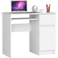 Escritorio de ordenador AKORD PIKSEL Blanco 90 cm con lado derecho 1 puerta 1 cajón frente en color Blanco 3 estantes 90x50x77 cm