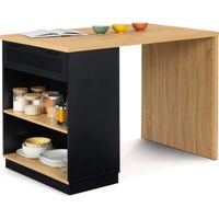 Idmarket – Îlot central mange-debout 4 personnes 130 cm noir – Plateau bois épaisseur 3 cm – Rangement intégré avec tiroir et étagères