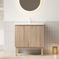 NIKO Meuble-lavabo autoportant 80 cm avec vasque intégrée en céramique blanche, armoire rayée avec étagère réglable et double portes, couleur chêne blanc