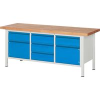 STIER Höhenverstellbare Werkbank Premium mit 5 Schubladen und 2 Flügeltüren BxTxH 2000x700x840-1040mm RAL 7035 / RAL 5012