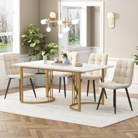 Essgruppe (5-teilig), Esstischset mit 4 Stühlen, modernes Küchentischset, weiße MDF-Platte, beige Esszimmerstühle aus Samt, 140x80cm