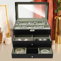 Boîte à bijoux verrouillable à 3 niveaux, Boite a Lunette de Soleil avec 12 emplacements pour montres, 2 tiroirs et organisateur en velours PU, pour contenir des bijoux et des articles