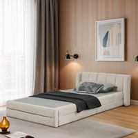 Cama tapizada de chenilla beige 90x200 cm con cabecero ergonómico y estructura reforzada