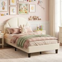 BLANKETSWARM - Lit enfant fille 90x200 cm, lit fille princesse avec tête de lit florale lit enfant rembourré lit simple pour fille, Beige