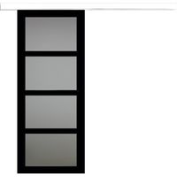 Puerta corredera Telia negra con panel de vidrio H204 x L73 cm, riel de aluminio con banda blanca, GD MENUISERIES