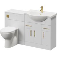 Alexander James Cento Gloss White 1350mm 3 Door Vanity Unit Toilet Suite - 1350mm - Brushed Brass 96mm Bar HandleJames Toilet Pan and Seat