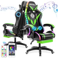 RGB Gaming Chair with Bluetooth Speakers, LED Lights, Ergonomic Massage Computer Gaming Chair PU Leather with Footrest High Back, Lumbar Support, Green+Black