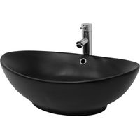 ML-Design Lavabo Sobre Encimera, 59x38x19 cm, Cerámica, Diseño Ovalado, Lavadero Negro Mate, Lavamanos Sobremesa Sanitario Baño o Aseo, Moderno y Elegante, Pila Con Rebosadero y Orificio de Desagüe