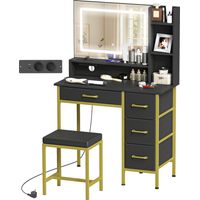 Tocador de maquillaje con espejo LED, estación de carga, 4 cajones, negro, taburete incluido